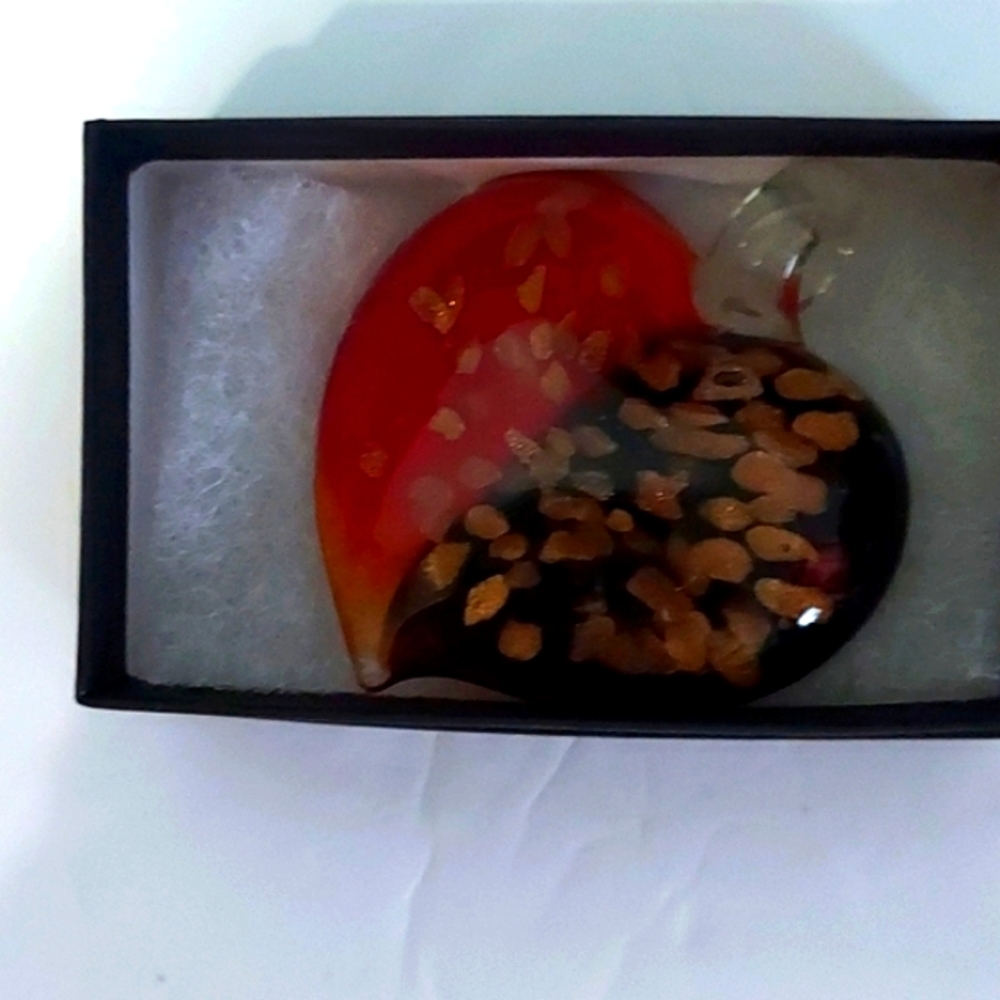 Handblown Glass Heart Pendant Red/Black w/Gold Flecks Murano?Smooth Back.
